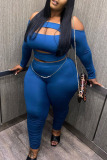 Blue Sexy Solid Hollowed Out Split Joint Off the Shoulder Plus Size Two Pieces