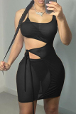 Black Fashion Sexy Solid Patchwork See-through U Neck Sleeveless Dress Dresses