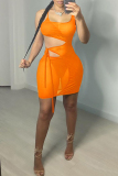 Orange Fashion Sexy Solid Patchwork See-through U Neck Sleeveless Dress Dresses