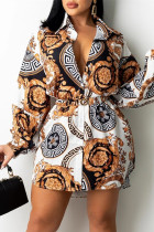 Multicolor Fashion Casual Print Basic Turndown Collar Long Sleeve Shirt Dress (Without Belt)