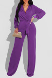 Purple Casual Solid Bandage Patchwork V Neck Straight Jumpsuits