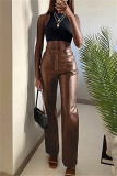 Brown Fashion Casual Solid Patchwork Regular High Waist Trousers