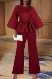 Burgundy Casual Elegant Solid Split Joint Flounce With Belt O Neck Nine Points Sleeve Two Pieces