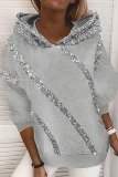 Grey Casual Street Patchwork Sequins Hooded Collar Tops