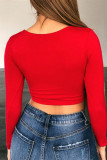 Red Casual Solid Basic V Neck Tops