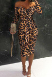Leopard Print Sexy Casual Print Leopard Backless Off the Shoulder Long Sleeve Dresses