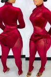 Red Sexy Solid Bandage Patchwork See-through Fold Asymmetrical Long Sleeve Two Pieces