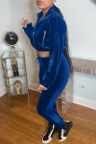 Blue Fashion Casual Solid Split Joint Zipper Hooded Collar Long Sleeve Two Pieces