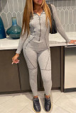 Grey Fashion Casual Solid Patchwork Zipper Collar Skinny Jumpsuits