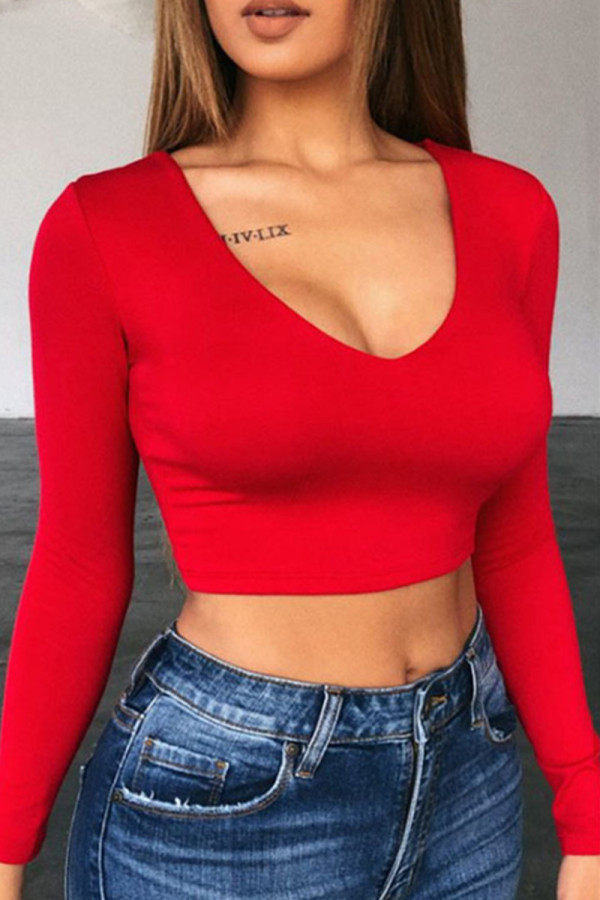 Red Casual Solid Basic V Neck Tops