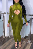 Green Sexy Solid Hollowed Out Patchwork Turtleneck Skinny Jumpsuits