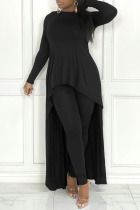 Black Casual Solid Patchwork Asymmetrical O Neck Long Sleeve Two Pieces