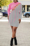 Pink Gray Fashion Casual Patchwork Tassel Hollowed Out Half A Turtleneck Long Sleeve Dresses