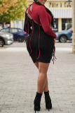 Red Black Fashion Casual Patchwork Tassel Hollowed Out Half A Turtleneck Long Sleeve Dresses