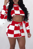 Red Sexy Street Plaid Print Split Joint Hooded Collar Long Sleeve Two Pieces