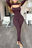Burgundy Fashion Casual Solid Hollowed Out Turtleneck Long Sleeve Two Pieces