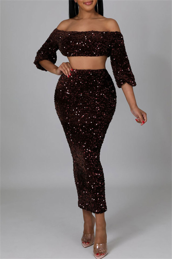 Burgundy Fashion Sexy Solid Sequins Split Joint Off the Shoulder Long Sleeve Two Pieces