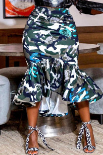 Camouflage Fashion Casual Print Flounce Regular High Waist Skirt