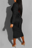 Black Fashion Casual Bandage O Neck Long Sleeve Dresses