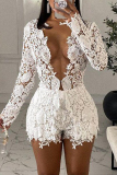 White Fashion Sexy Solid Hollowed Out See-through V Neck Long Sleeve Two Pieces