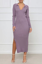 Light Purple Sexy Solid Split Joint Frenulum Backless Slit V Neck One Step Skirt Dresses