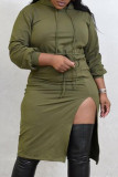 Olive Green Fashion Casual Solid Slit Hooded Collar Long Sleeve Plus Size Dresses