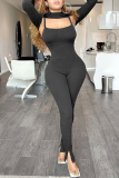 Black Fashion Casual Solid Hollowed Out Turtleneck Long Sleeve Two Pieces