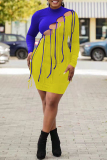 Blue Yellow Fashion Casual Patchwork Tassel Hollowed Out Half A Turtleneck Long Sleeve Dresses