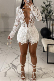 White Fashion Sexy Solid Hollowed Out See-through V Neck Long Sleeve Two Pieces