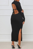 Black Sexy Solid Split Joint Frenulum Backless Slit V Neck One Step Skirt Dresses