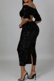 Black Fashion Sexy Solid Sequins Split Joint Off the Shoulder Long Sleeve Two Pieces