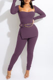 Purple Fashion Casual Solid Slit Square Collar Long Sleeve Two Pieces