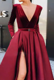 Burgundy Elegant Solid Patchwork V Neck A Line Dresses