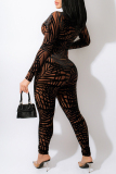 Brown Fashion Casual Print Hollowed Out V Neck Long Sleeve Two Pieces