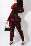 Red Fashion Casual Print Hollowed Out V Neck Long Sleeve Two Pieces