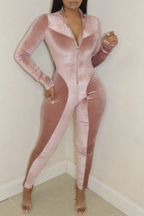 Pink Fashion Casual Solid Split Joint Zipper Collar Skinny Jumpsuits
