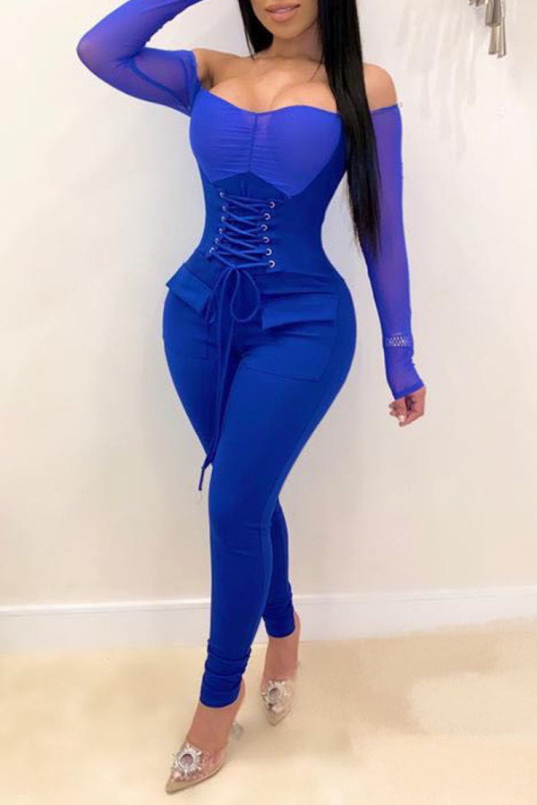Blue Sexy Solid Bandage Split Joint Off the Shoulder Long Sleeve Two Pieces