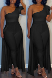 Black Sexy Casual Solid Patchwork Oblique Collar Plus Size Jumpsuits