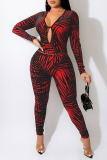Red Fashion Casual Print Hollowed Out V Neck Long Sleeve Two Pieces