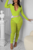 Fluorescent Yellow Sexy Solid Patchwork See-through Fold V Neck Long Sleeve Two Pieces