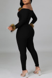 Black Sexy Solid Split Joint Feathers Off the Shoulder Long Sleeve Two Pieces