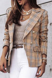 Khaki Fashion Casual Plaid Print Patchwork Cardigan Turndown Collar Outerwear