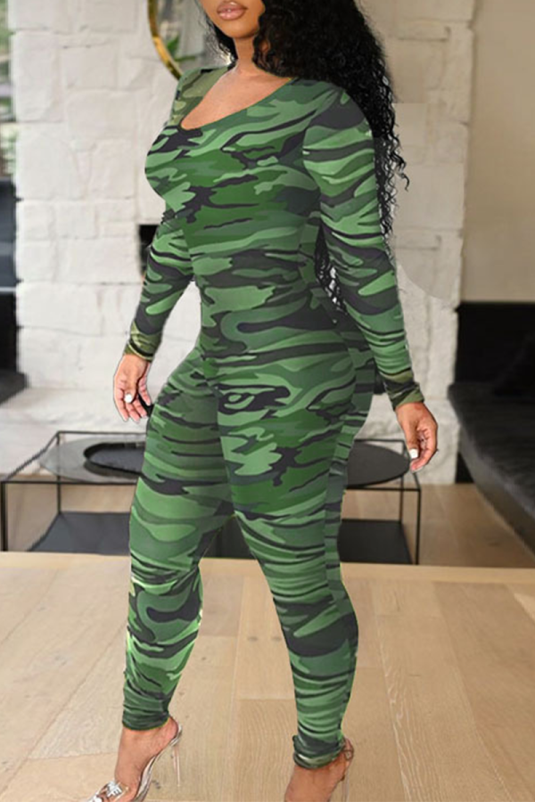 Green Sexy Print Hollowed Out O Neck Skinny Jumpsuits