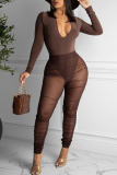 Coffee Sexy Solid Patchwork See-through Fold V Neck Long Sleeve Two Pieces