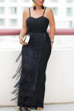 Black Sexy Plus Size Solid Tassel Patchwork Backless Spaghetti Strap Evening Dress