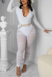 White Sexy Solid Patchwork See-through Fold V Neck Long Sleeve Two Pieces