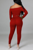 Red Sexy Solid Split Joint Feathers Off the Shoulder Long Sleeve Two Pieces