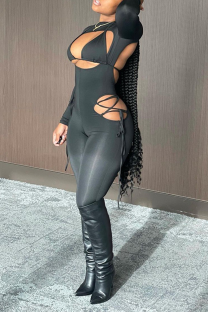 Black Casual Solid Hollowed Out Patchwork O Neck Skinny Jumpsuits