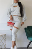 Grey Fashion Casual Solid Ripped Hooded Collar Long Sleeve Two Pieces