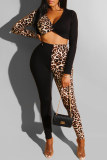 Black Fashion Casual Print Leopard Split Joint V Neck Long Sleeve Two Pieces